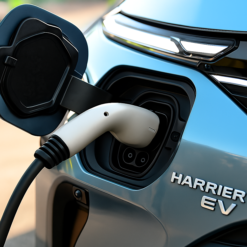 The Tata Harrier EV's charging port, ready for a quick top-up.