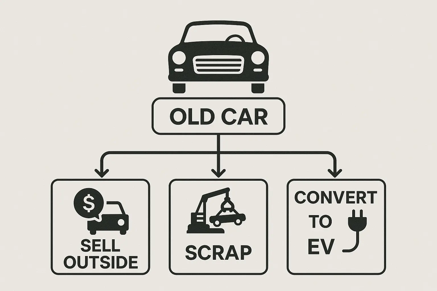 Flowchart detailing options for 15 year old car owners after the fuel ban.