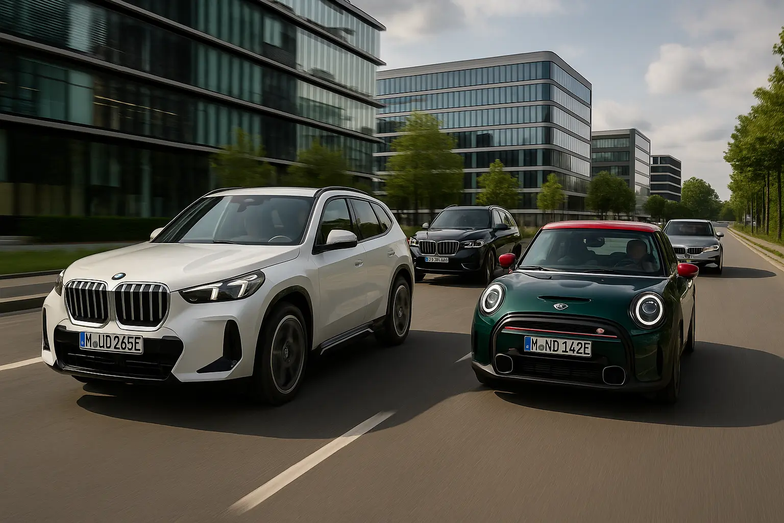 A diverse fleet of BMW and Mini vehicles representing their sales success.