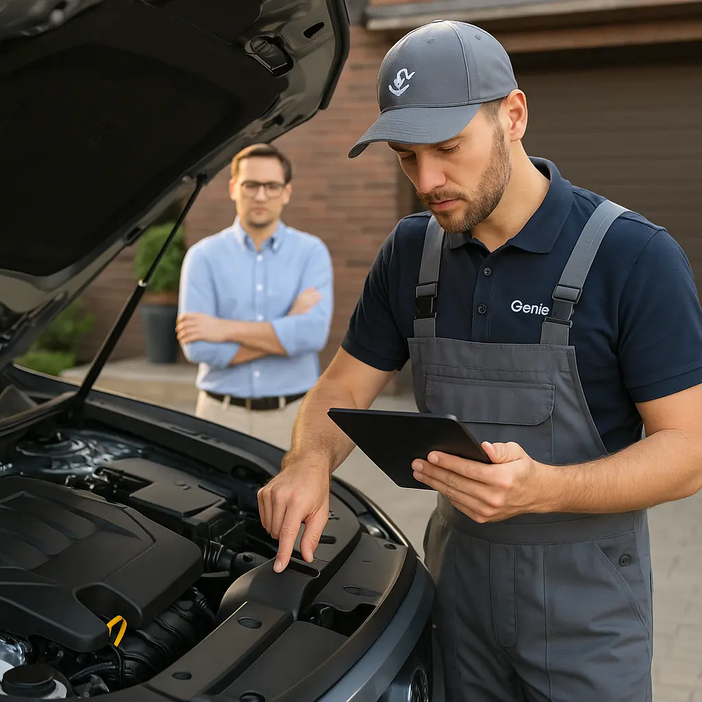 An expert conducting a detailed doorstep inspection to sell used car.