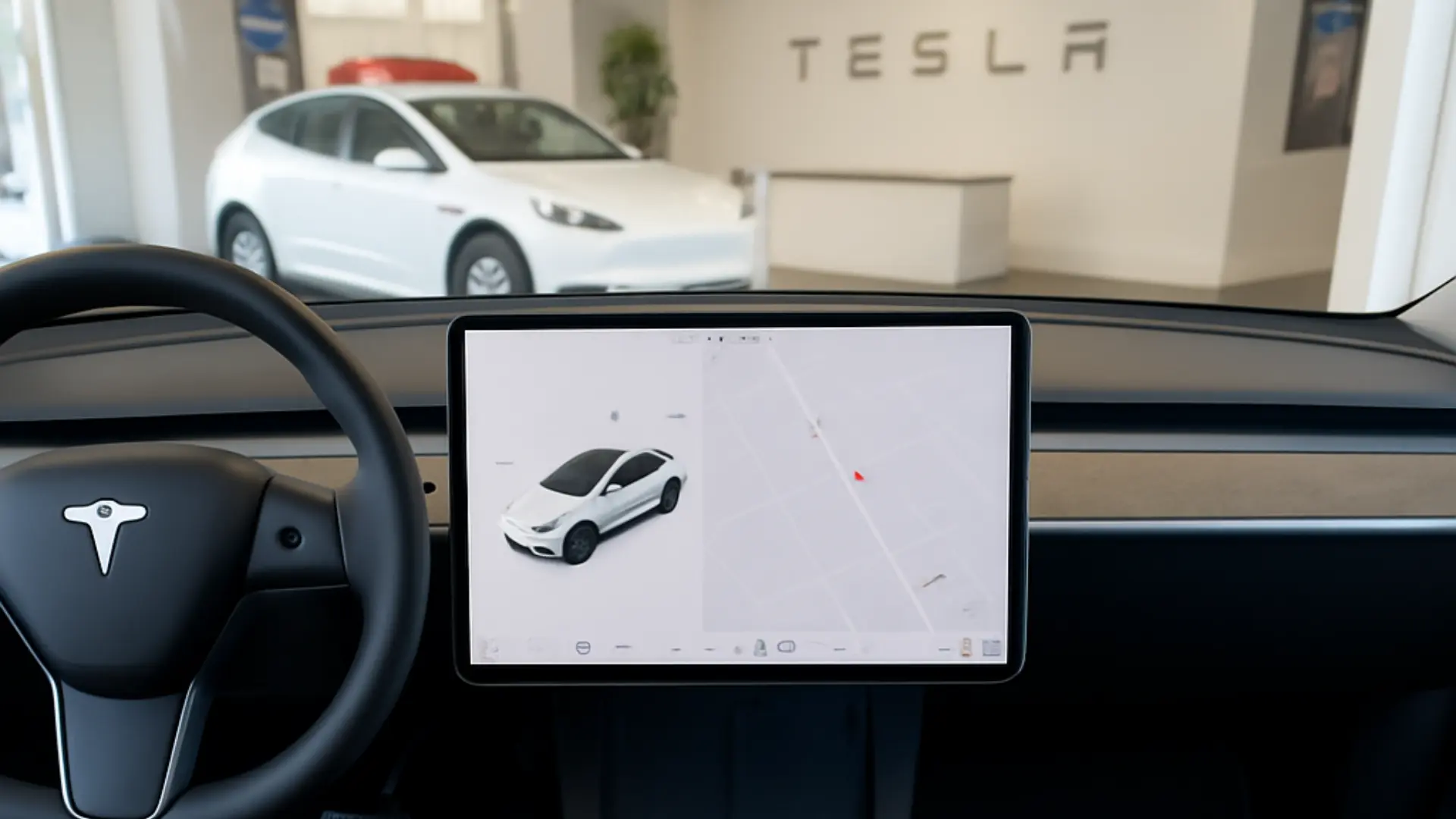 The advanced central display of a Tesla vehicle, emphasizing its smart features.